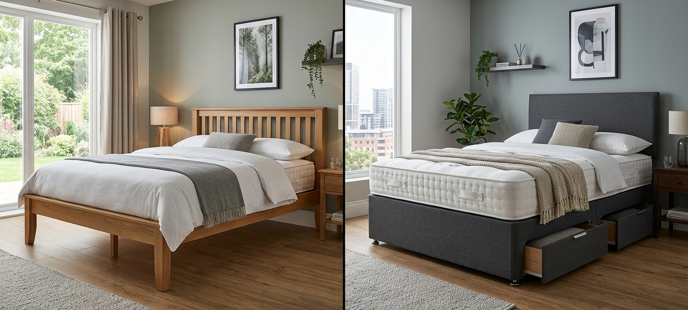 slatted bed frame vs divan base comparison in modern UK bedroom showing mattress support and bed base differences