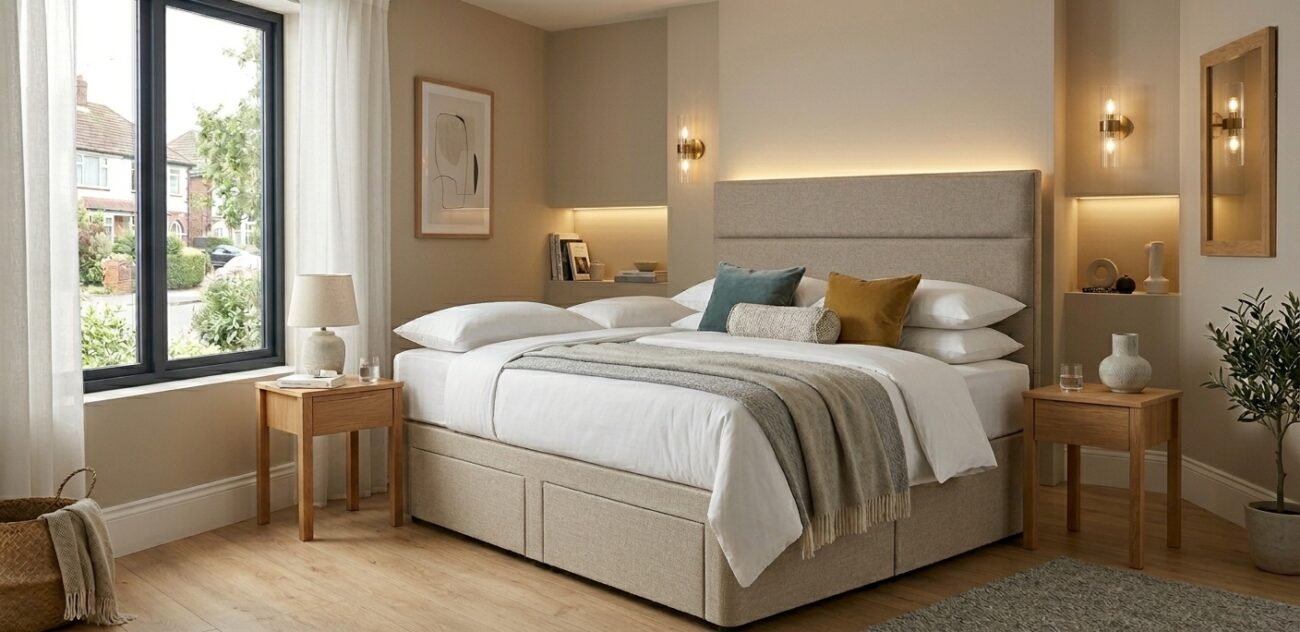 Upholstered divan bed base with headboard in stylish UK bedroom