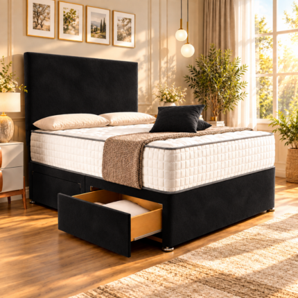 black fabric divan bed with drawer storage and tall plain headboard